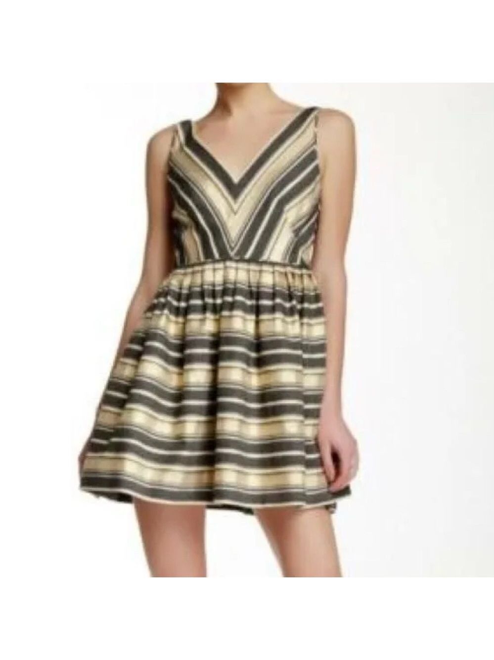 J. Crew Fit & Flair Striped Metallic Sleeveless V Neck Dress with Pockets Sz 4 - Picture 2 of 8